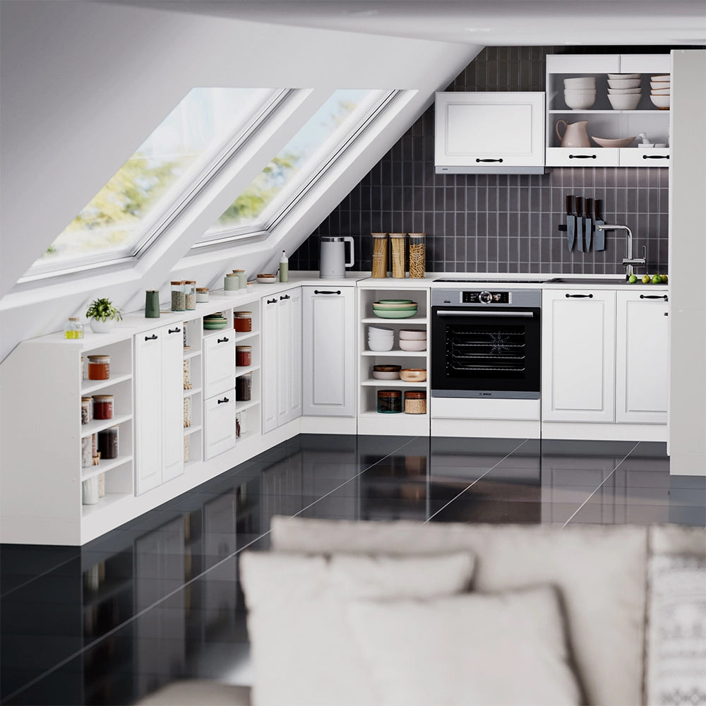 Mobile cucina sottotetto R-Line Bianco rustico/Bianco 60 cm con 2 porte, carcassa 60 cm profondità Vicco