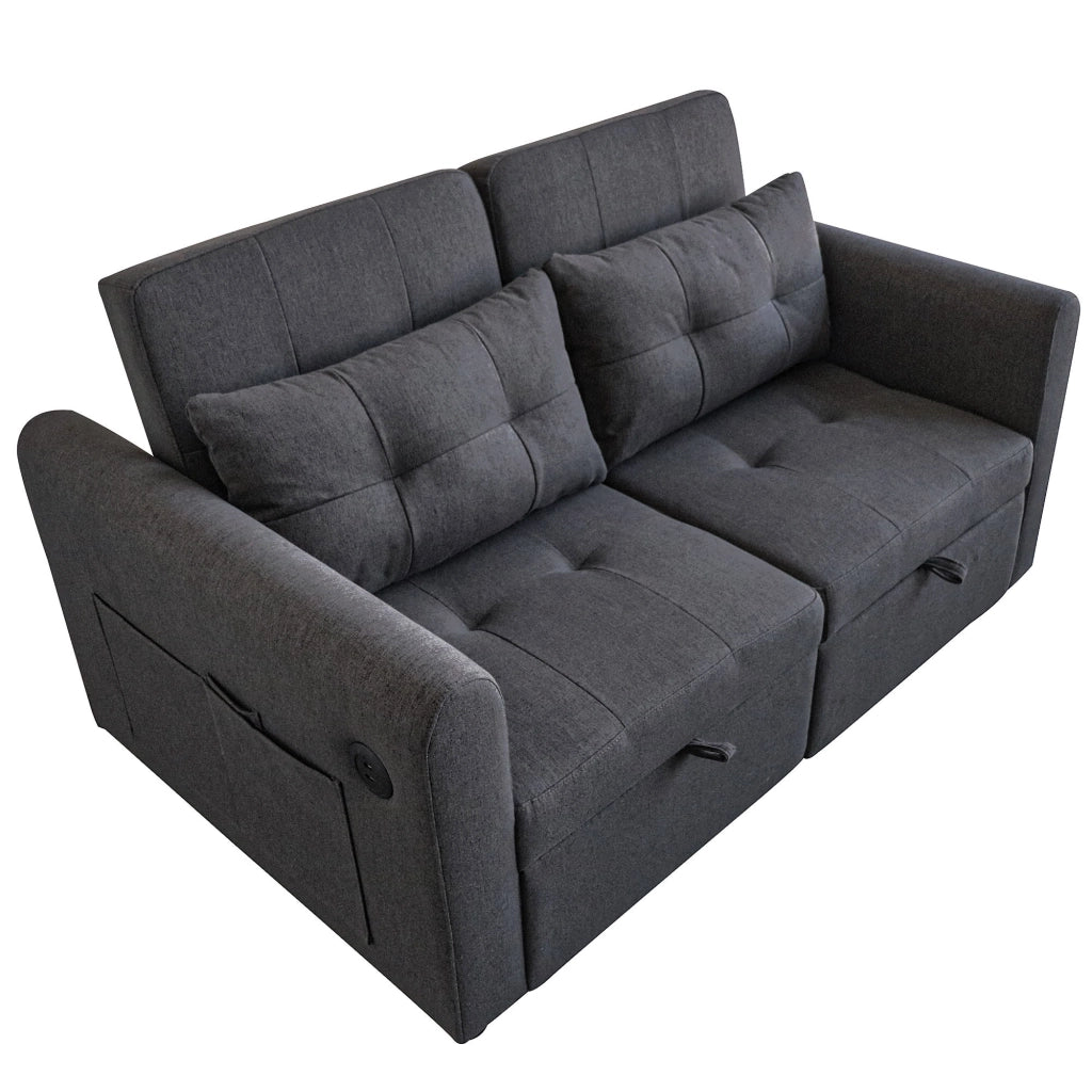 Divano letto 2 posti con schienale regolabile; porte USB; tasche laterali e cuscini; in cotone e lino grigio