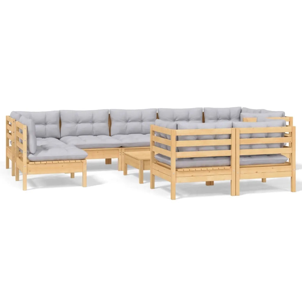 Set Divani da Giardino 10 pz con Cuscini Grigi Massello di Pino 3096531