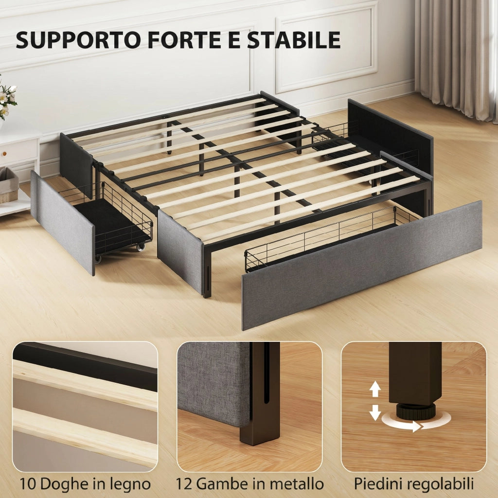 Letto Matrimoniale Contenitore in Legno con Doghe e Cassetti ¨C Zephmum ¨C Grigio 165x193x30 cm