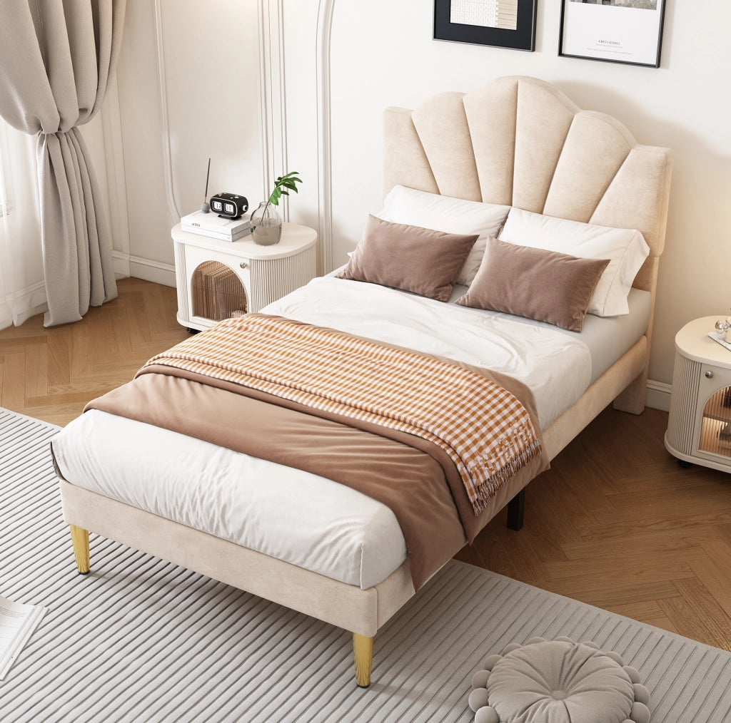 Letto imbottito in velluto beige 90 x 200 cm con testiera regolabile