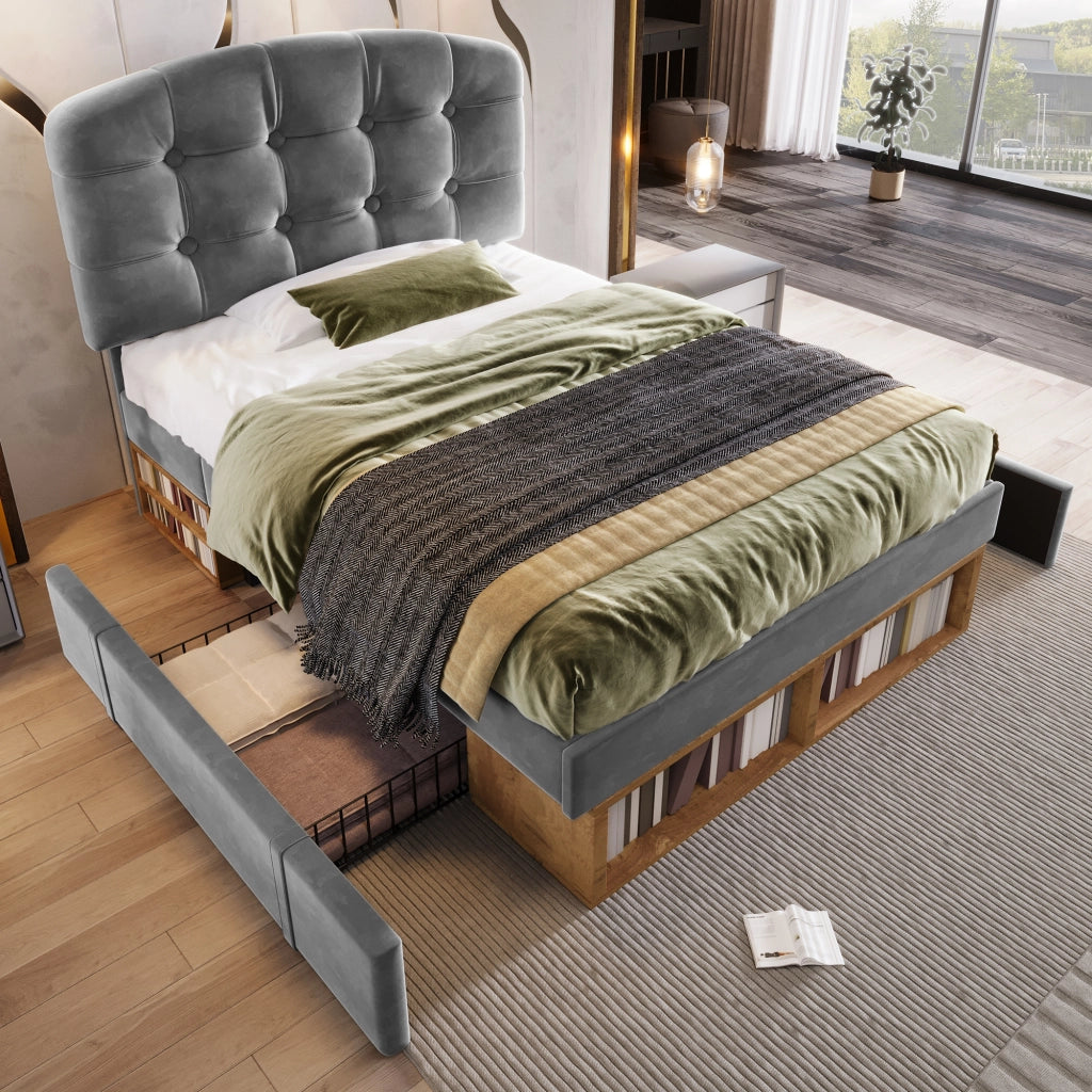 LETTO 90x200 cm Imbottito in Velluto Grigio con Cassetti e Testiera Regolabile