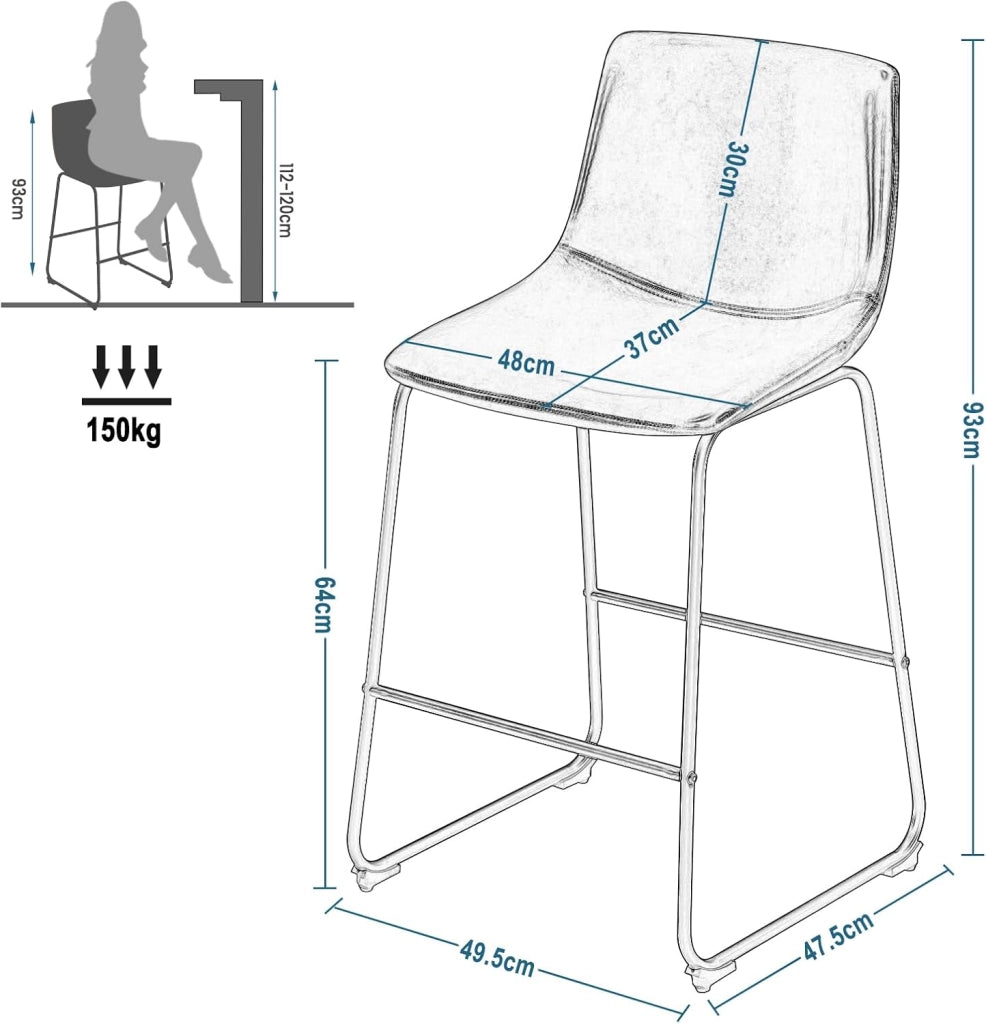 Sgabelli cucina con Schienale, Sedia da Cucina in PU, Sgabello Alto Imbottito per Bistrot, Isola Cucina, con Gambe e Poggiapiedi in Metallo, Marrone, 1071BY-2