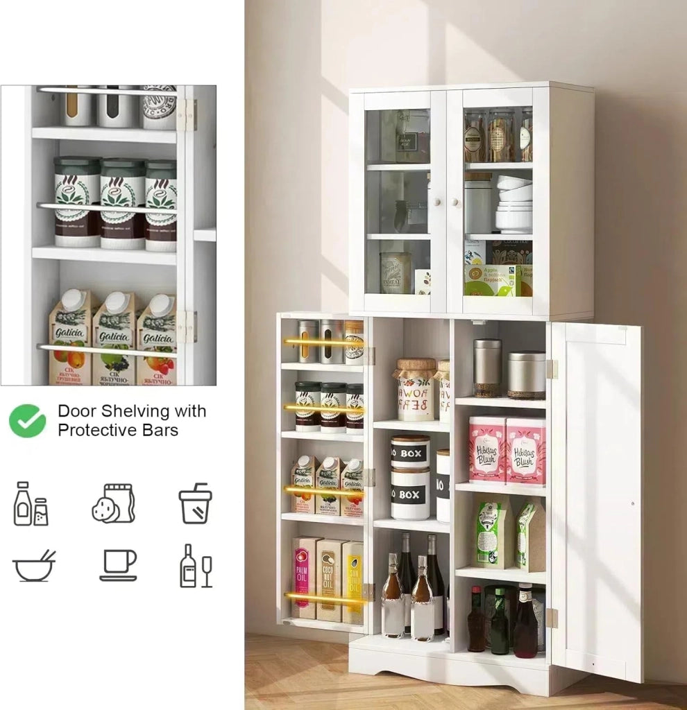 Credenza da Cucina con Anta Multi-Stoccaggio, Mobile Cucina Dispensa con Dispositivo Antiribaltamento, Armadio di Stoccaggio, 60 x 31,5 x 161,5 cm, per Soggiorno, Sala da Pranzo (Bianco)