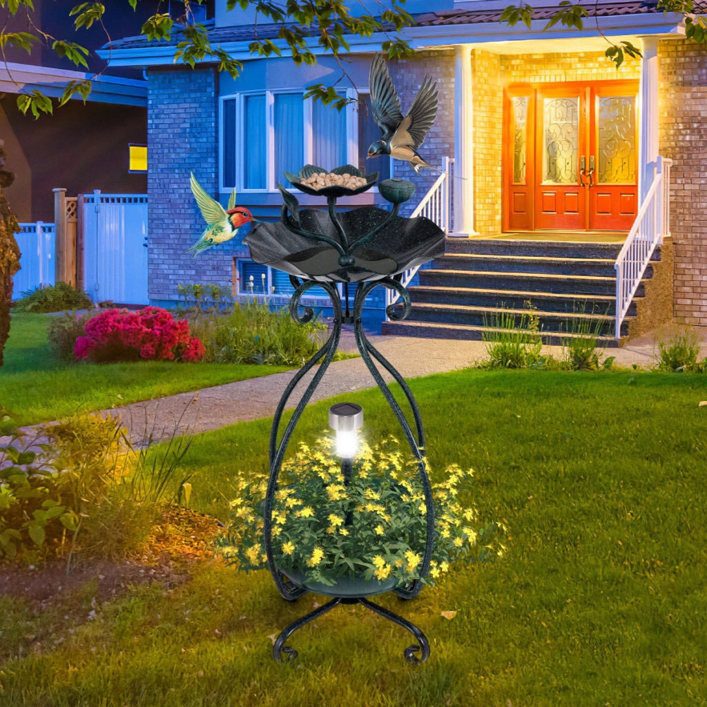Vaschetta e mangiatoia vintage con piedistallo e luci solari per uccelli da giardino, Mangiatoia solare per uccelli da esterno Bronzo-Altri animali