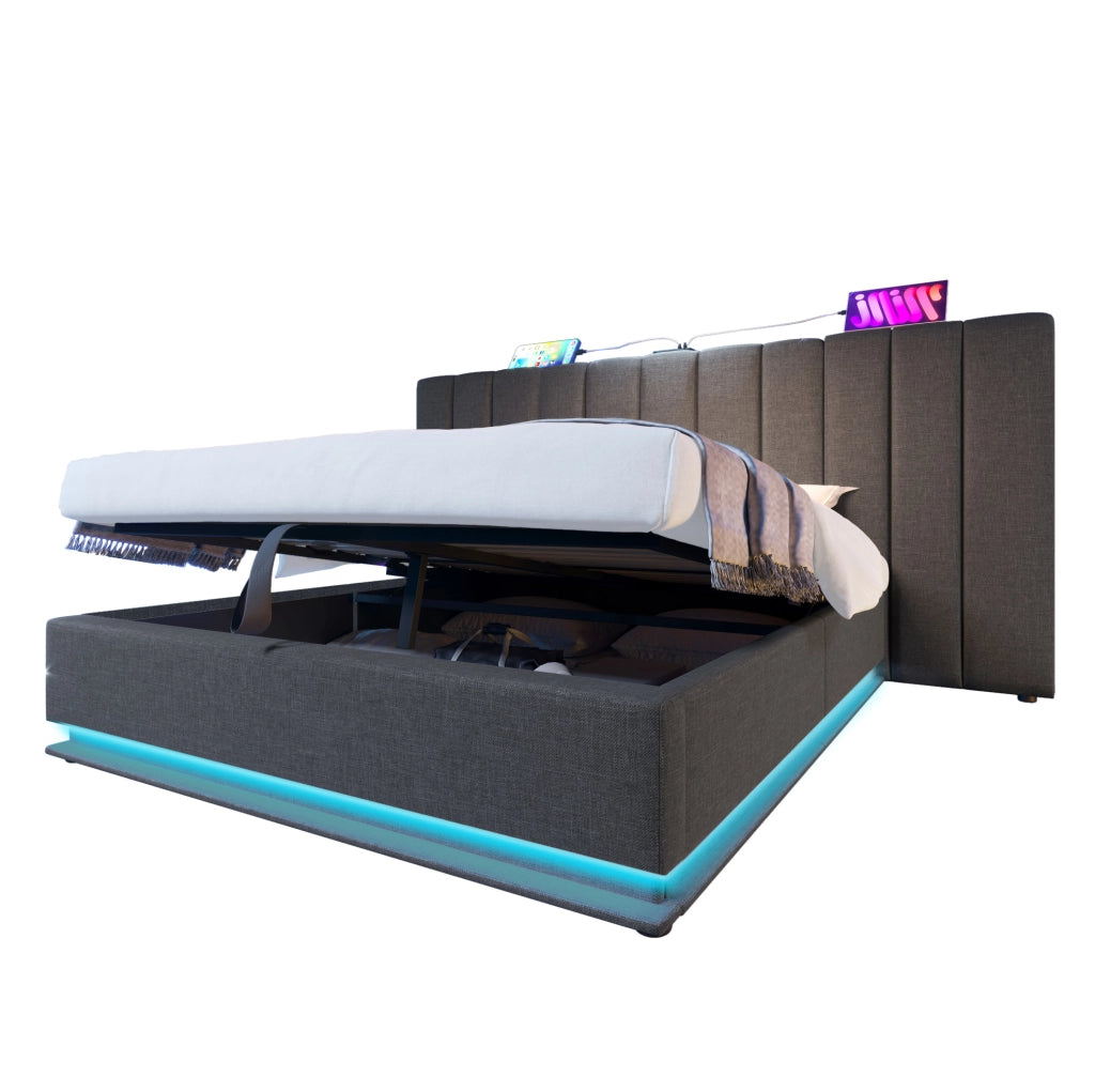 Letto matrimoniale 160x200 con LED 360°, USB e contenitore idraulico