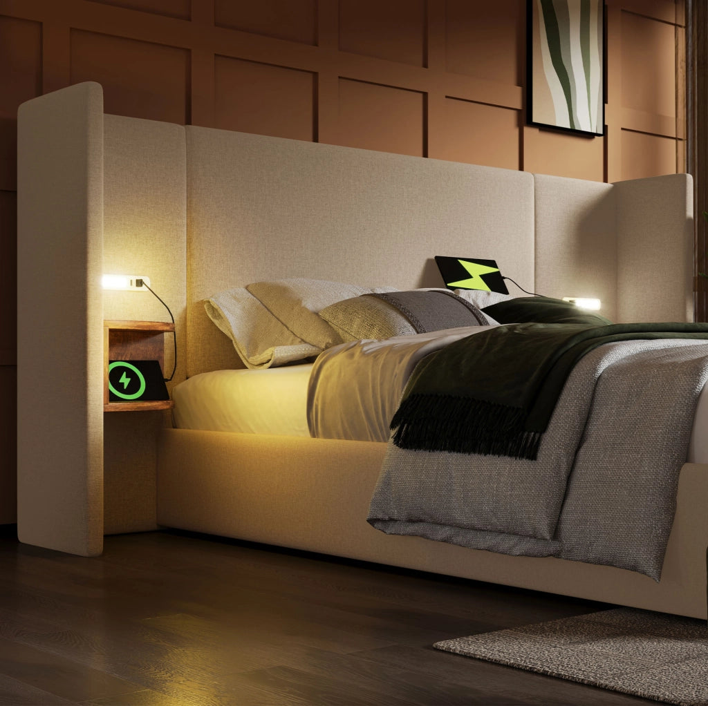 Letto matrimoniale 160x200 cm in lino beige con contenitore; lampada da lettura e porte USB Type-C