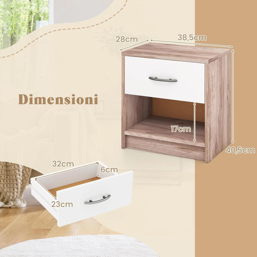 COSTWAY Comodino 38,5 x 28 x 40,5cm in Legno, Tavolino Salvaspazio con Scomparto Aperto e Casseto per Soggiorno e Camera da Letto (Naturale Scuro+Bianco)