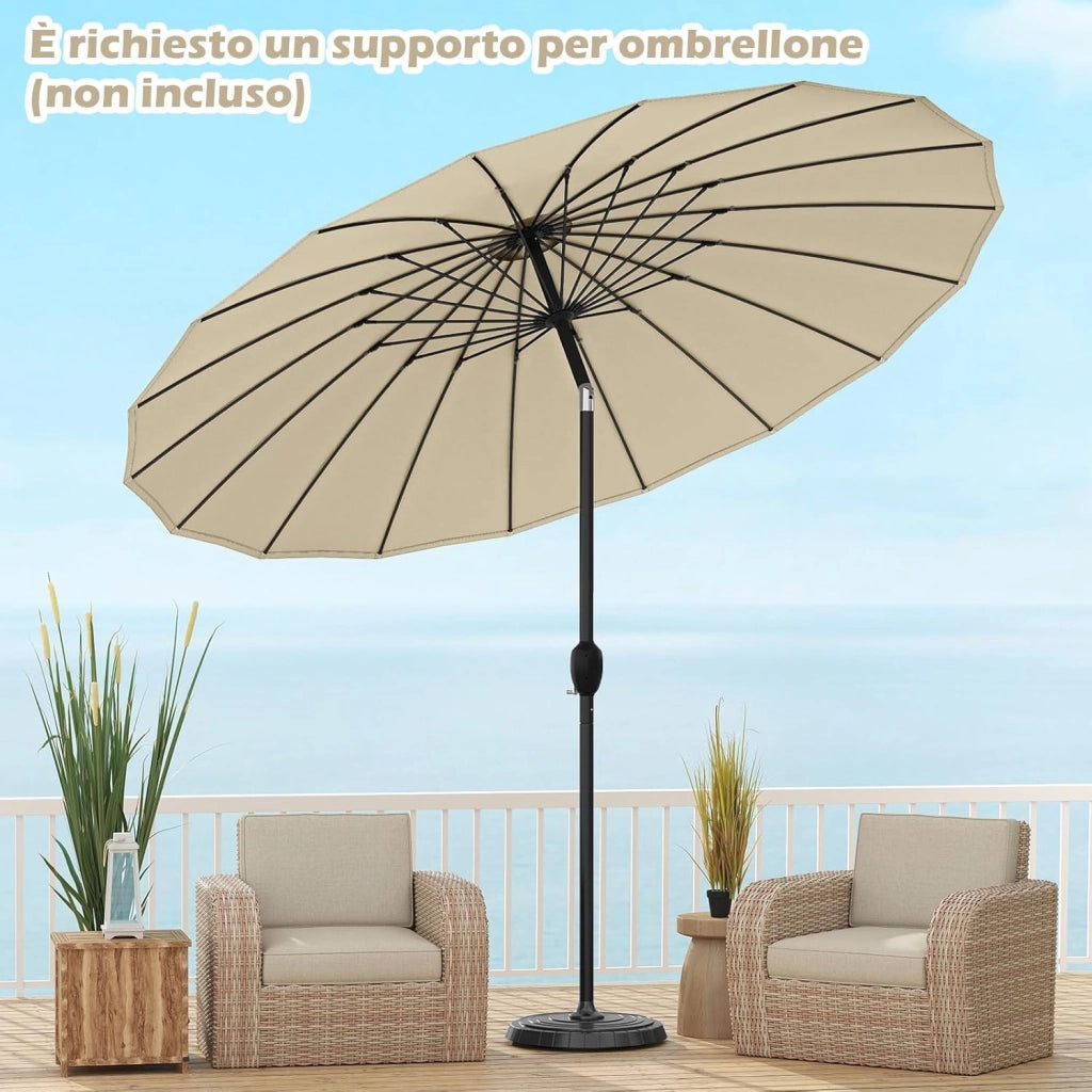 Ombrellone da Giardino 260 cm, Inclinazione Regolabile con 18 Stecche, Tettuccio Ventilato, Ombrellone Pighevole con Manovella, per Giardino Spiaggia