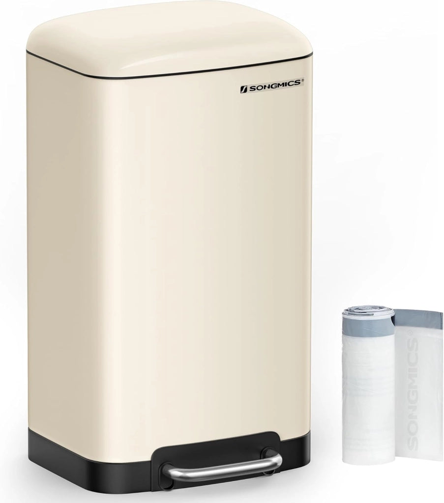 SONGMICS Pattumiera da Cucina, Cestino della Spazzatura da 30L, Pattumiera a Pedale in Acciaio con Coperchio e Secchio Interno, Chiusura Morbida Ammortizzata, Bianco LTB01W