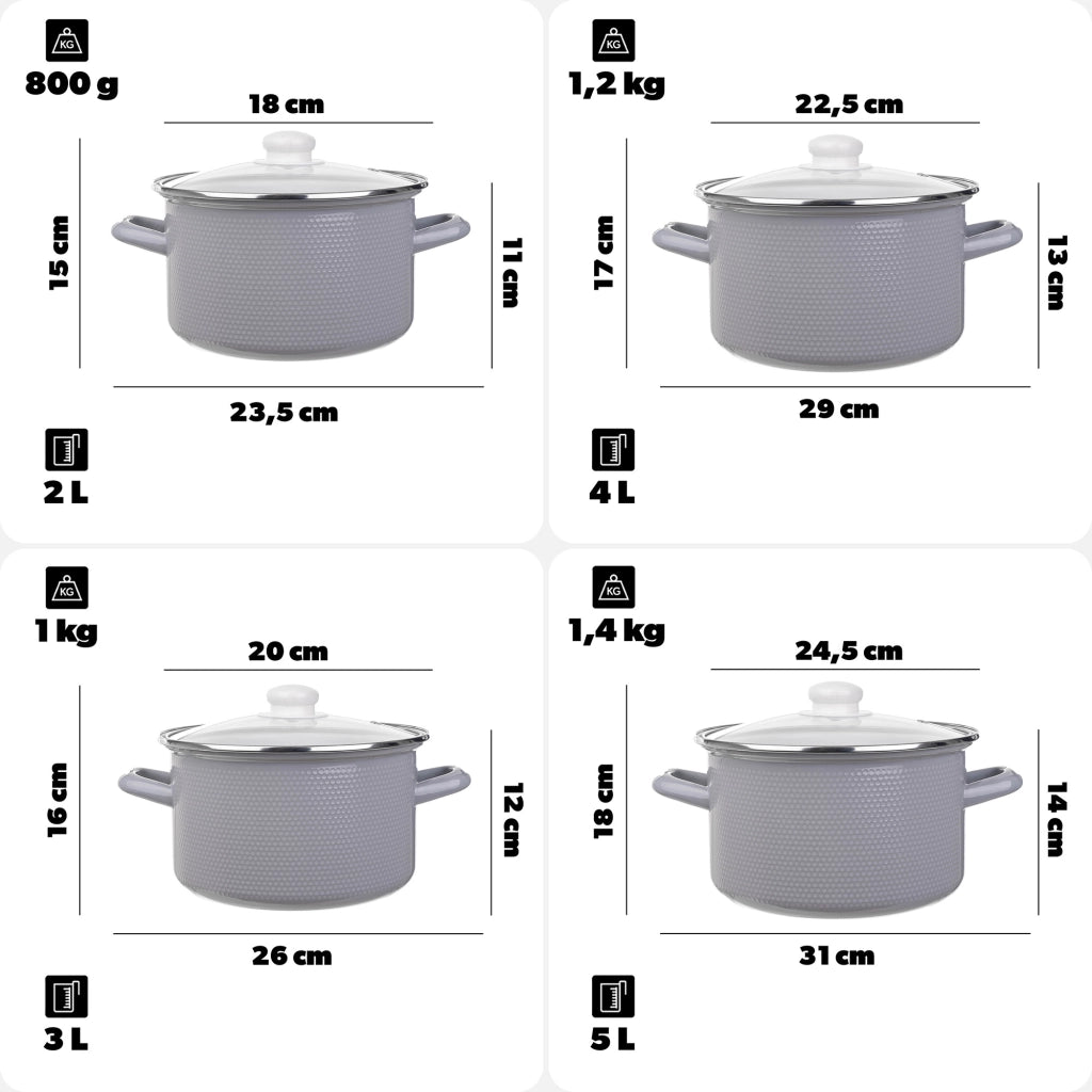 Set di pentole smaltate KADAX da 8 pezzi per piani cottura a induzione e gas, in acciaio inox, con coperchi.
