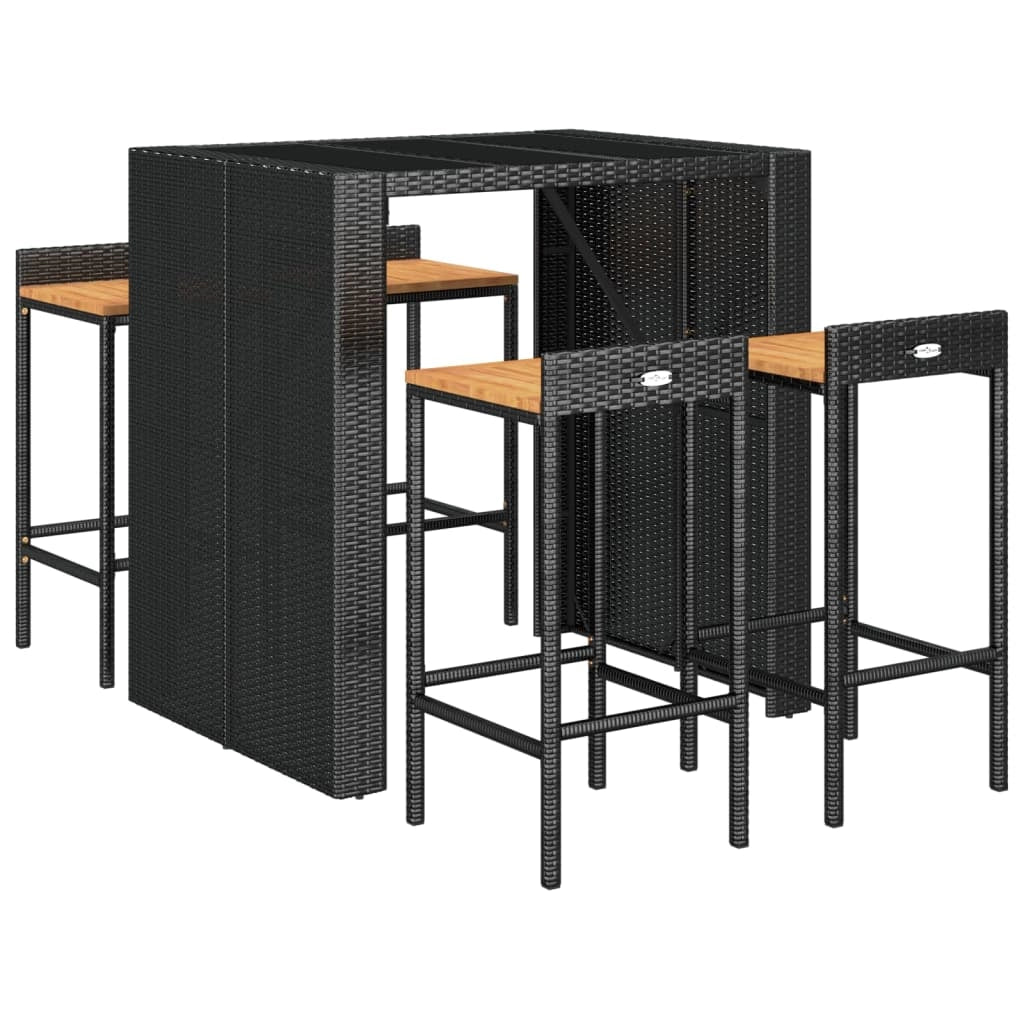 Set bar da giardino mobili da esterno terrazza 5 pezzi polyrattan nero/legno massiccio di acacia 02_0013484
