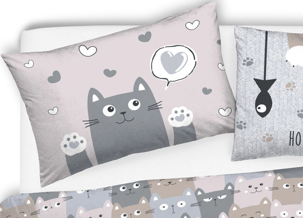 Copripiumino Sacco Piumone Pensieri Delicati Cotone Disegno Happy Cat - Singolo - Grigio