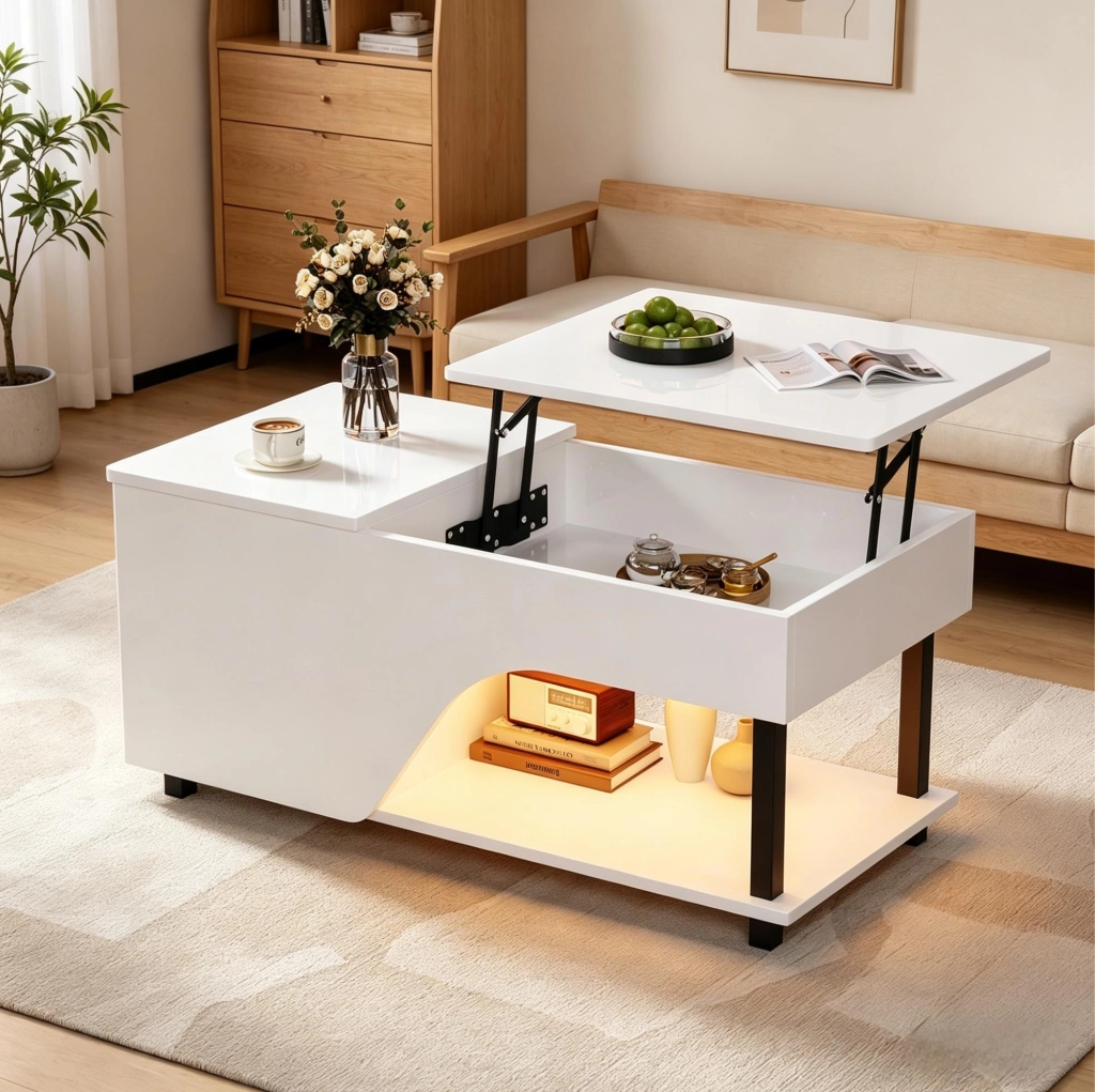 Tavolino da caffè bianco regolabile con vano nascosto e LED, 100 cm