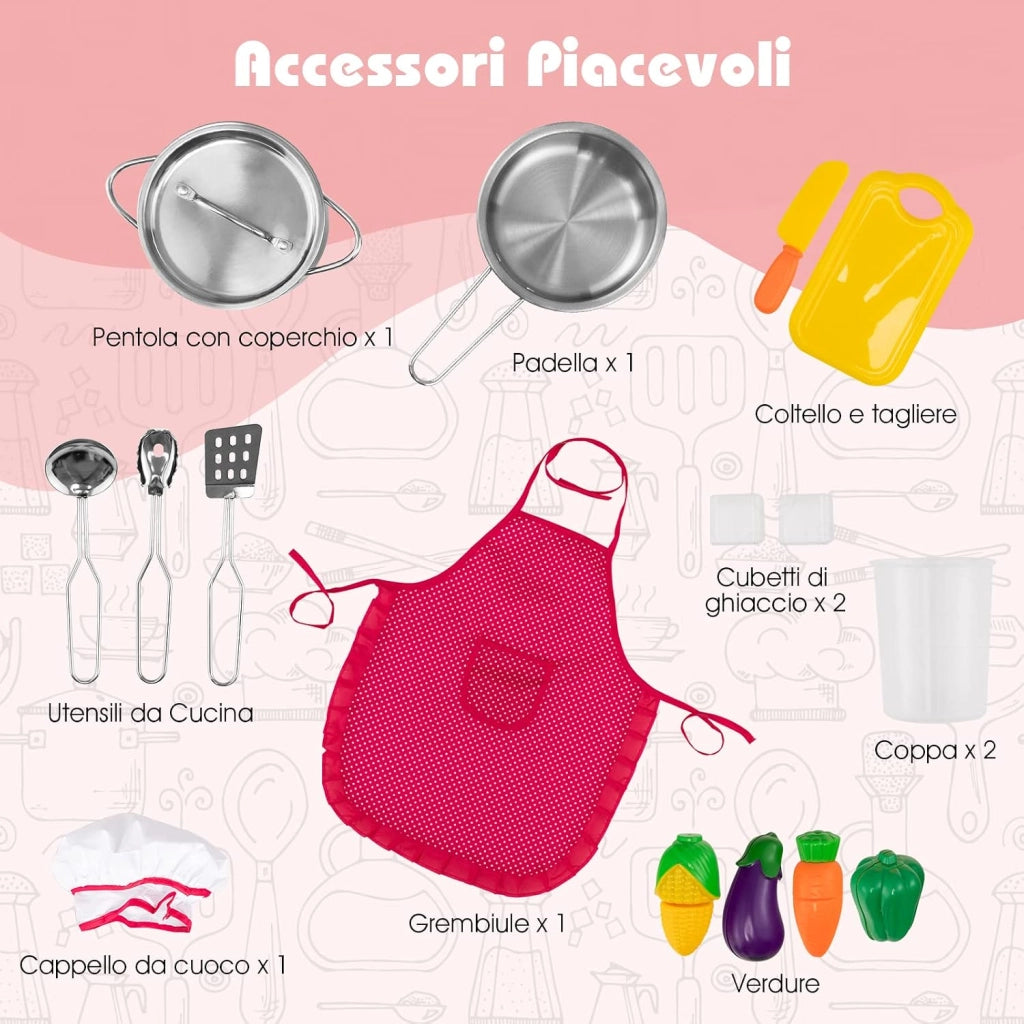 Cucina Giocattolo per Bambini in Legno, Mini Cucina Angolare per Bambini con Luci e Suoni Interattivi e Accessori per Cucina, Ideale per 3+ Anni, Rosa