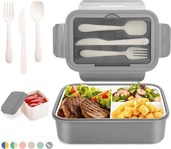 Lunchbox 1400 ml con 3 contenitori inclusi coltello - Adatto per microonde e lavastoviglie - Grigio + contenitore per salse - Per adulti e bambini, per scuola, lavoro, picnic e viaggi