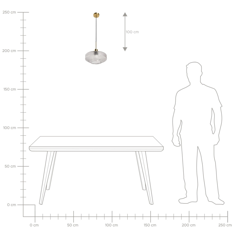 Lampada a sospensione con paralume in vetro trasparente e base in metallo dorato effetto cristallo stile moderno e glamour