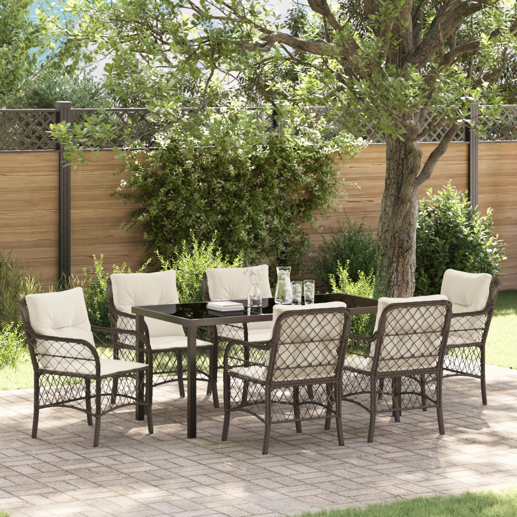Set di Mobili da Pranzo da Giardino di 7 Pezzi con Cuscini Marrone Rattan Polimerico