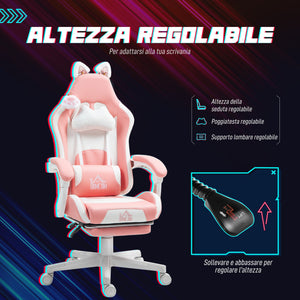 Sedia da Gaming Ergonomica con Orecchie da Gatto Poggiapiedi Retrattile e Schienale Reclinabile 135° Rosa
