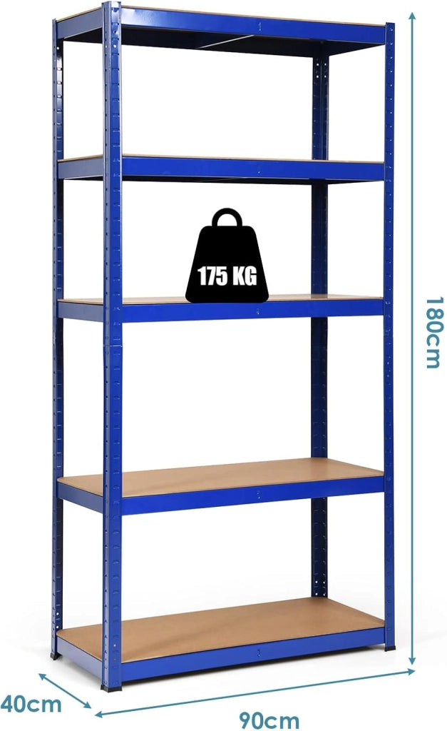 Scaffale portaoggetti a 5 livelli, 90 x 40 x 180 cm, ogni strato carico fino a 175 kg, scaffale pesante in metallo per magazzino, dispensa, garage (blu)