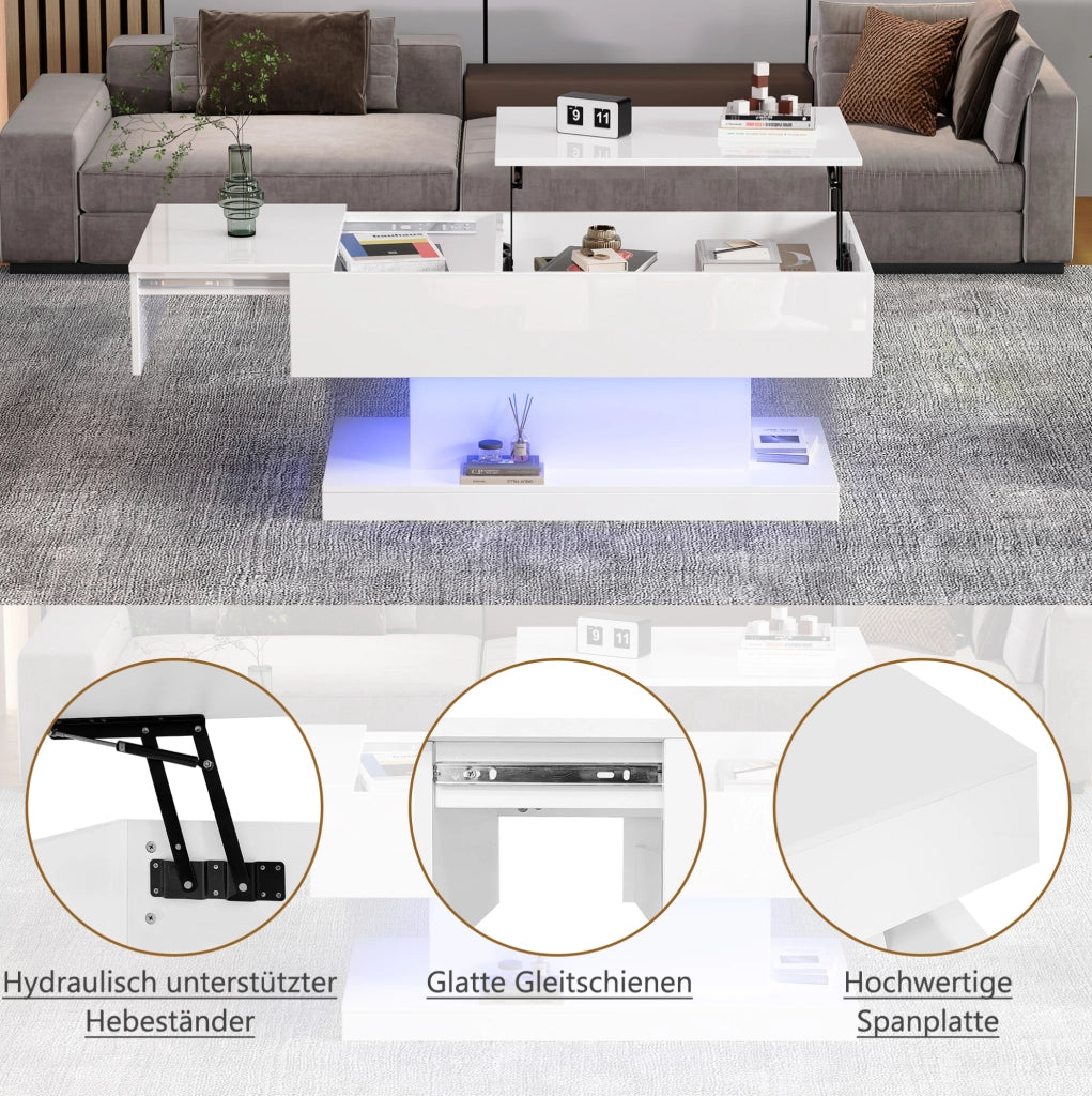 Tavolino da caffè con sollevamento idraulico e LED 100x50x45 cm