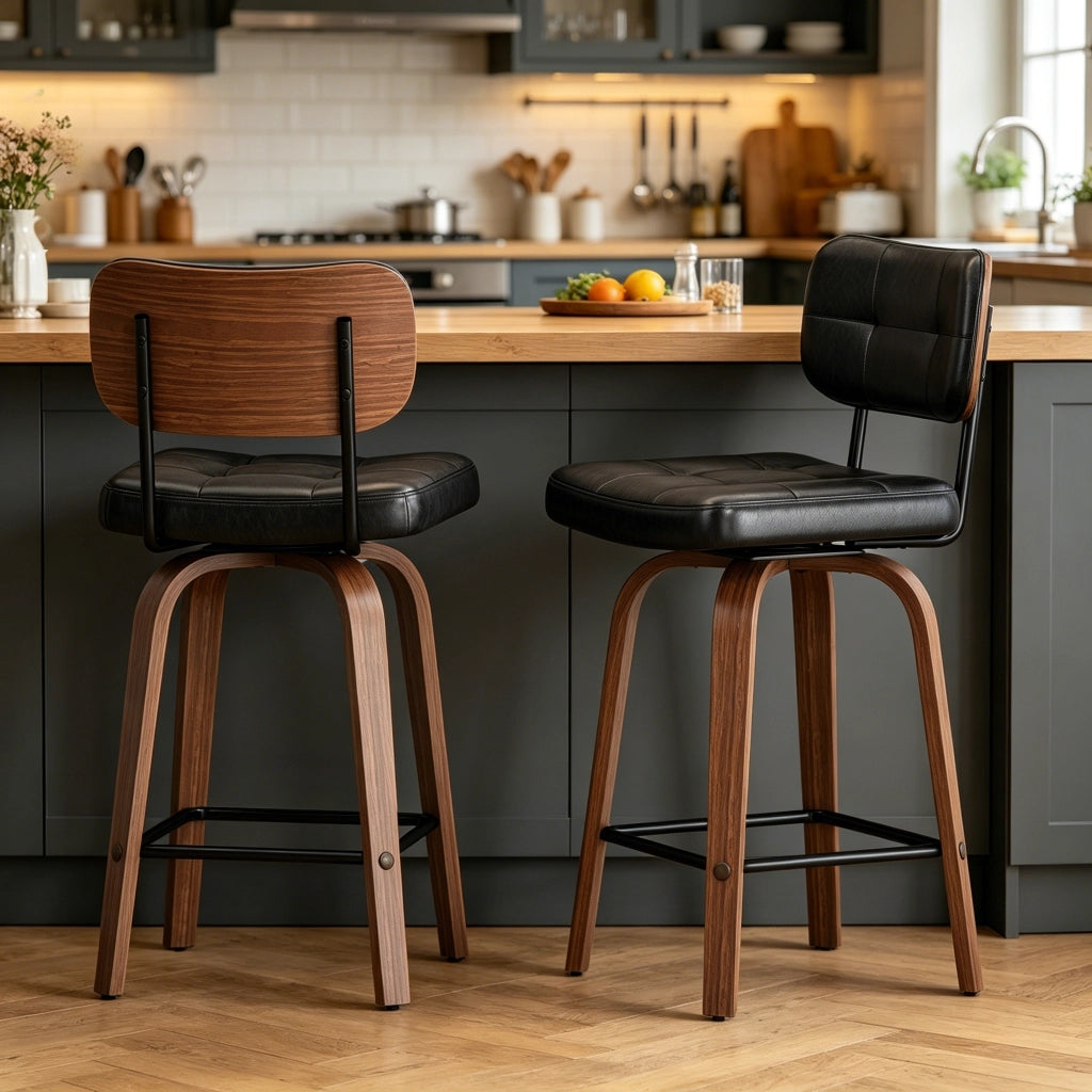 Sgabello da bar in PU con schienale ergonomico, struttura in metallo e legno, colore nero e noce scuro