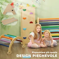 Gioco Arrampicata Bambini con Triangolo e Arco Montessori e Rampa con Pietre in Legno di Pino, 178x64.5x63 cm
