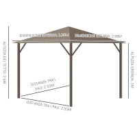 Gazebo da Giardino 3x3m in Alluminio con Zanzariera, Tende Laterali e Tetto Rigido, Marrone