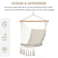 Sedia Sospesa a Dondolo da Interno ed Esterno in Tessuto con Nappe, 90x50 cm, Crema