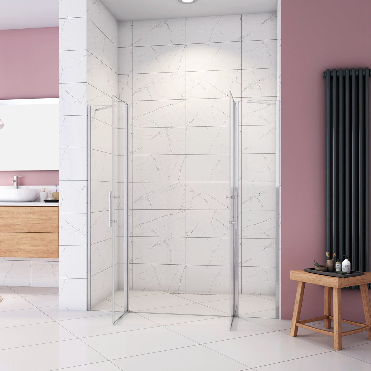 Box Doccia per Nicchia H.195 cm Doppia Porta Battente Saloon da 155 cm (80+80: 1520-1560 mm) 2 Pannelli Fissi con Barra Stabilizzatrice Vetro Temperato 6 mm Anticalcare