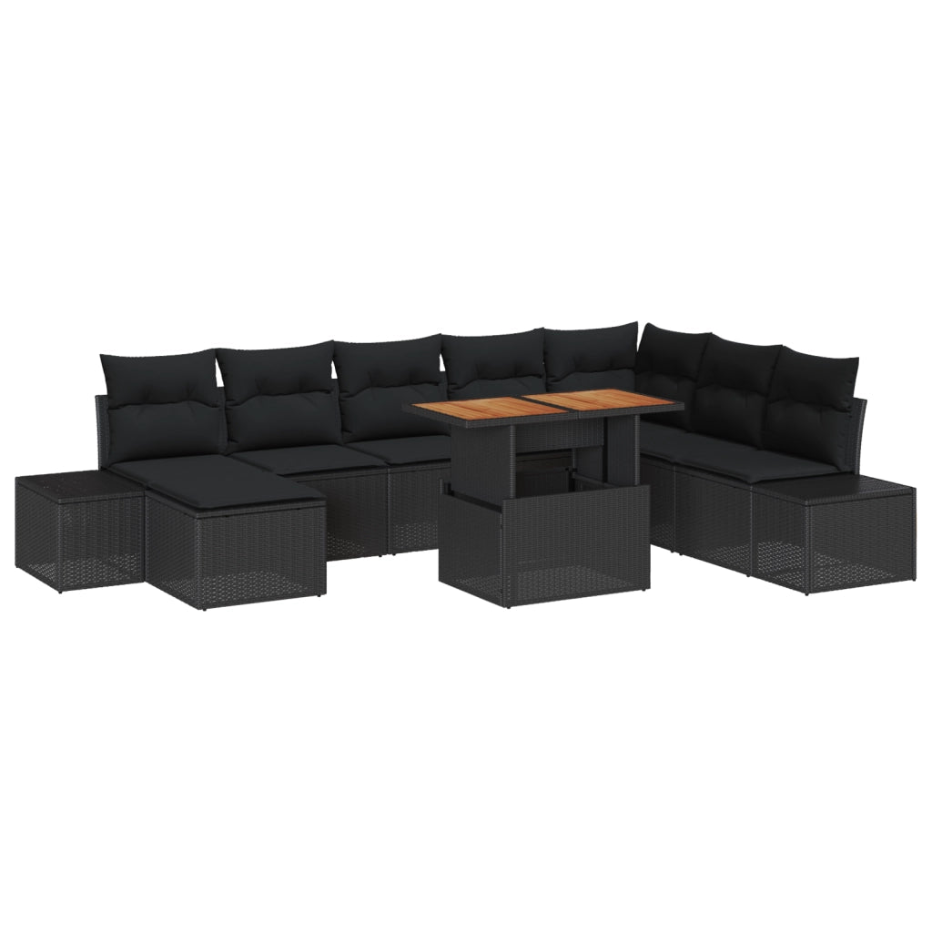 Set da pranzo da giardino 9 pezzi con cuscini in polyrattan nero e acacia