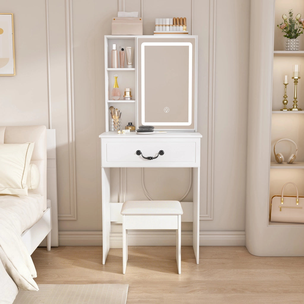 Tavolo da toeletta minimalista con specchio LED dimmerabile; spazio nascosto; sgabello imbottito; Bianco; B60×H131;5×P36cm