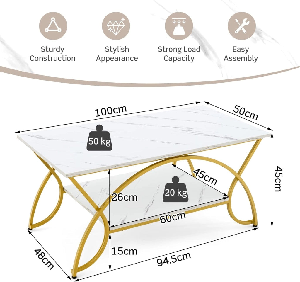 Tavolino da Caffè Oro, Tavolo da Salotto con Gambe in Metallo, Tavolino con Effetto Marmo per Soggiorno, Studio, Camera,110 x 50 x 46 cm (Bianco+Oro)