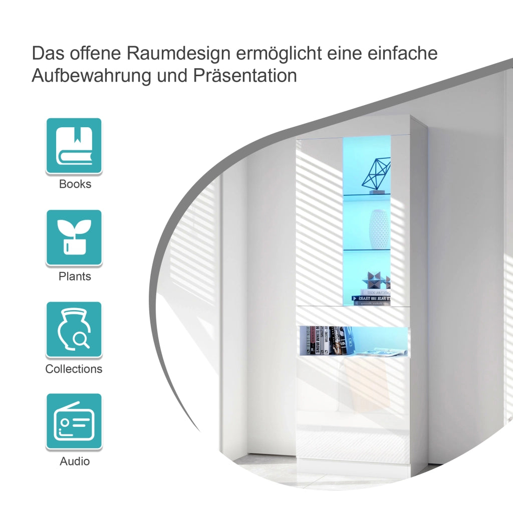 Credenza alta con ripiani in vetro LED USB e ante per soggiorno e ufficio in truciolato bianco 50 × 40 × 180 cm