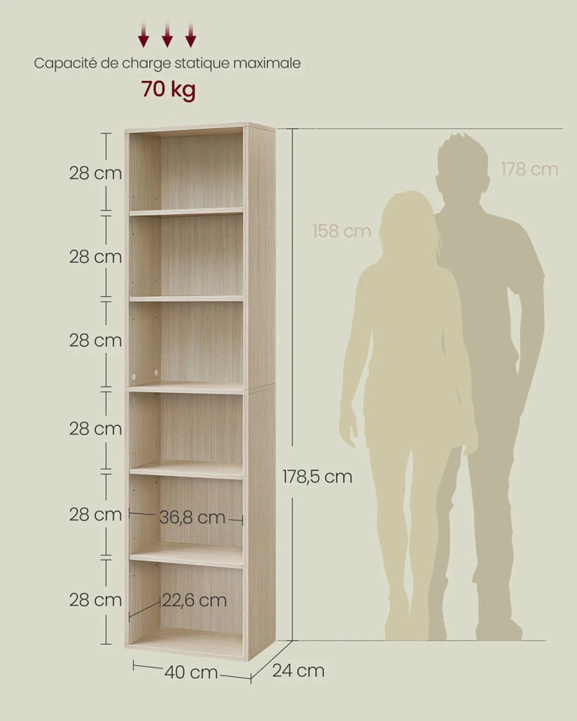 Libreria/mobile contenitore a 6 ripiani per soggiorno ufficio camera da letto stile scandinavo 40 x 24 x 1785 cm beige 12_0004252