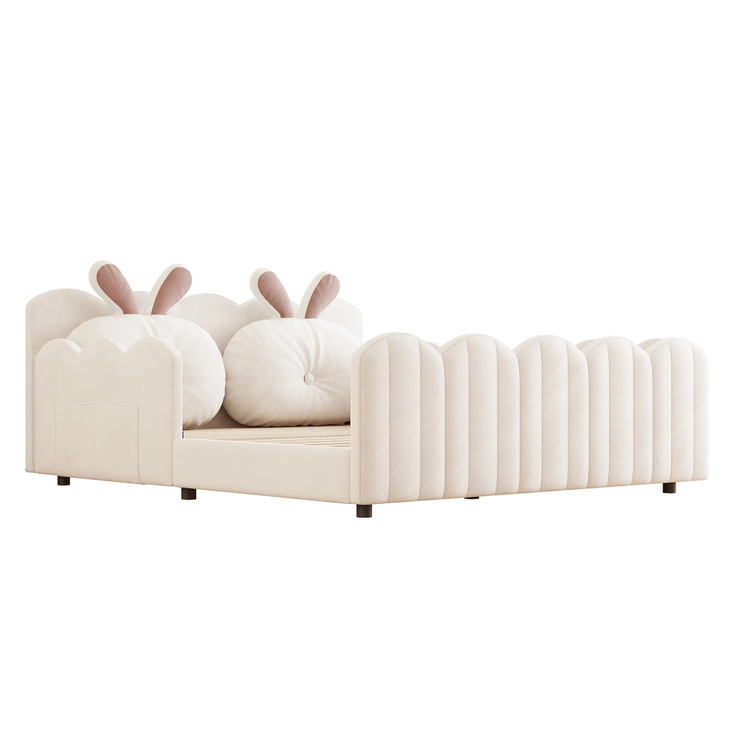 Letto imbottito 140 × 200 cm con sponde di protezione e cuscino a orecchie di coniglio beige