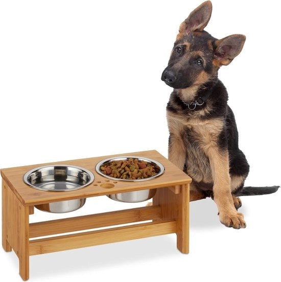 Ciotola per cani con 2 contenitori da 700 ml - 18,5 x 40 x 20,5 cm - naturale e grigio argento