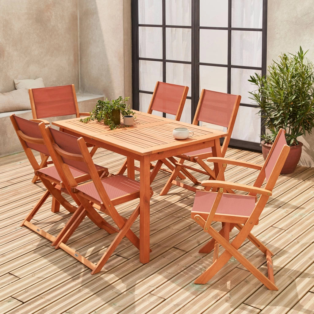 Set tavolo da giardino rettangolare allungabile in legno con 6 sedie,