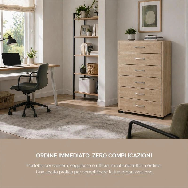 CASSETTIERA IN LEGNO CON SEI CASSETTI E PIANO D 'APPOGGIO COLORE ROVERE DIMENSIONI 68X40X120 CM