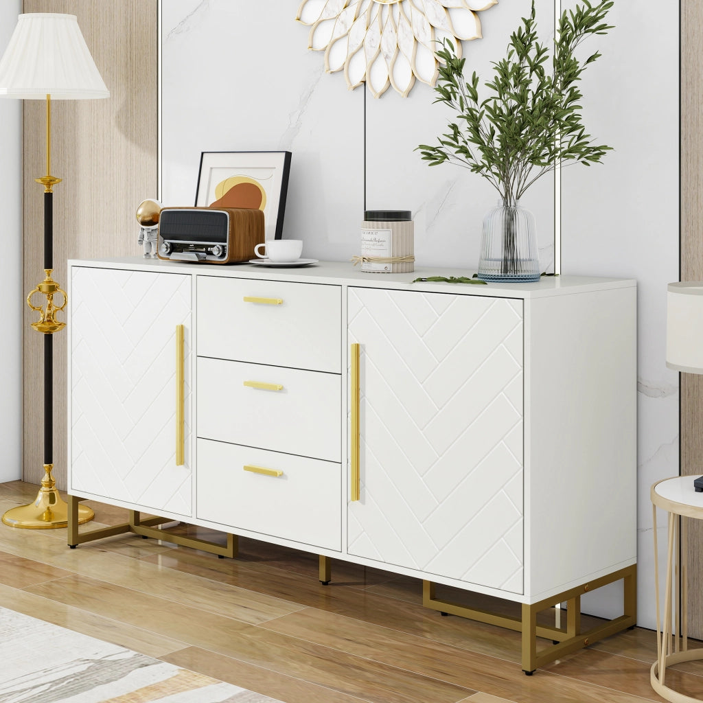 Credenza con 2 ante; 3 cassetti e ripiani regolabili per soggiorno in MDF e PB 145×40×75 cm bianco