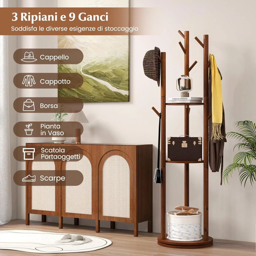 Attaccapanni girevole a forma di albero, Appendiabiti con 3 Ripiani e 9 Ganci, Appendiabiti 167 cm per Ingresso Salotto Camera da Letto