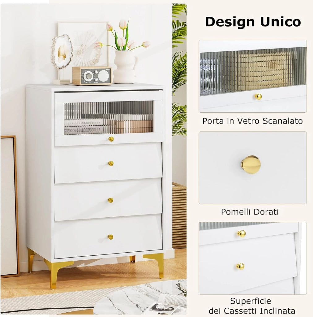 Cassettiera Camera da Letto con 3 Cassetti, Comodino Salvaspazio con Scomparto con Vetrina Ribaltabile, Mobile per Soggiorno Ingeresso e Studio, 60 x 40 x 95,5, Bianco