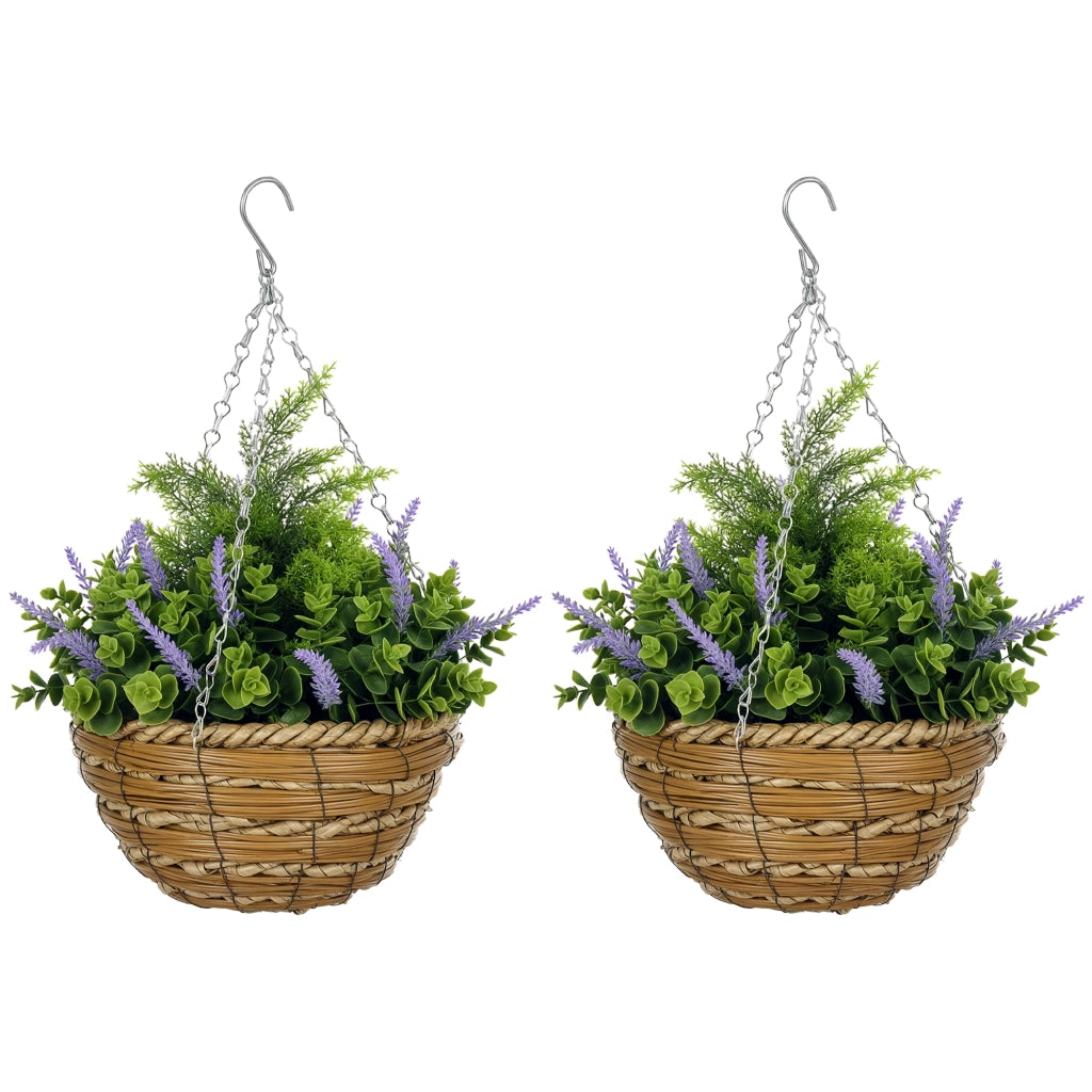 Set of Two Artificial Hanging Lisianthus Flower Pots - Purple