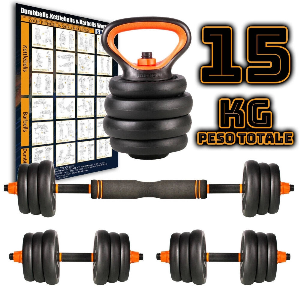 Trade Shop - Set 6in1 Multifunzione Peso 15kg Manubri Con Bilanciere E Kettlebell Componibile -