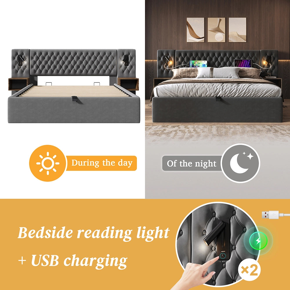 Letto con contenitore - Xylo - 160x200 cm - Grigio - 2 comodini luce lettura USB