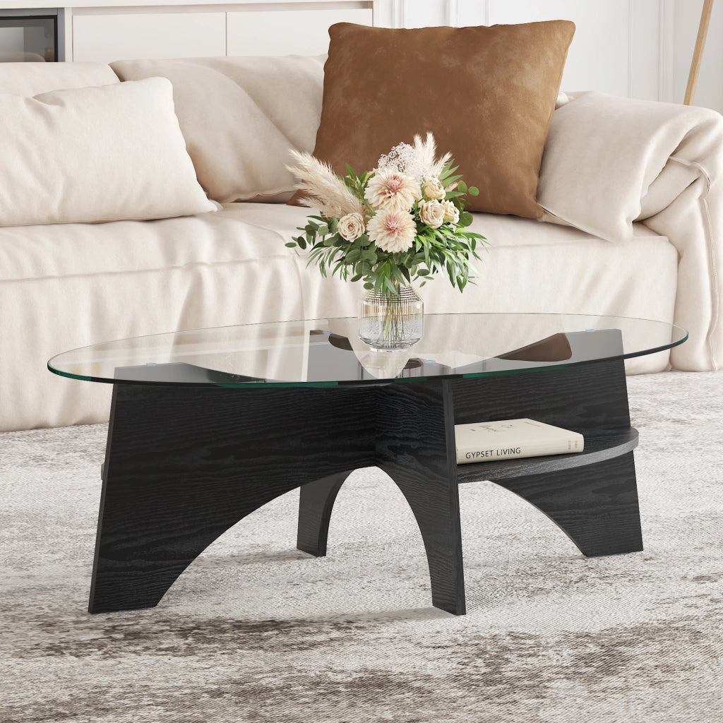 TAVOLINO Ovale in Vetro di Sicurezza 104,9 x 60 x 35,6 cm Nero/Trasparente
