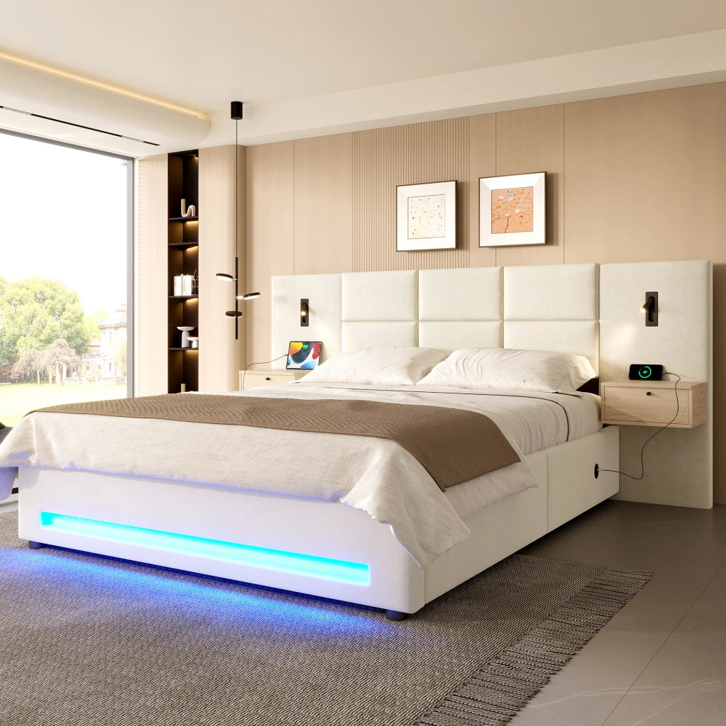 LETTO Contenitore 160x200 cm in velluto beige con testiera ampia, LED e USB-C