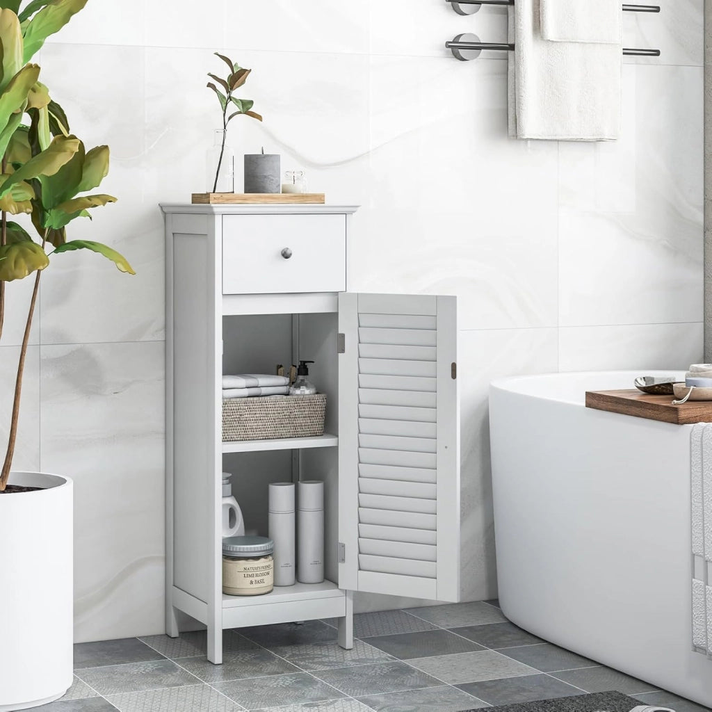 Armadietto portaoggetti da pavimento per bagno, autoportante, con 1 anta, 1 cassetto e ripiano regolabile a 3 altezze, armadio sottile, organizer per camera da letto, soggiorno, corridoio