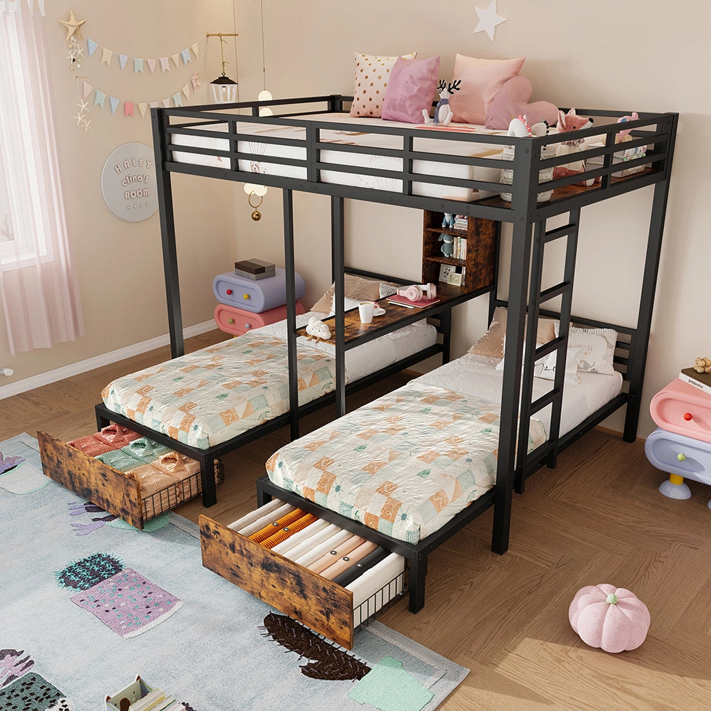 Letto a castello-Xylo-140x200+90x200 cm-3 posti, barriere, contenitori, cassetti, nero
