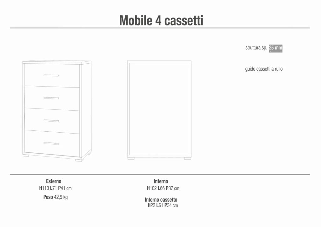 Cassettiera mobile 4 cassetti 71x41x110H cm in kit di montaggio colore Ossido bianco